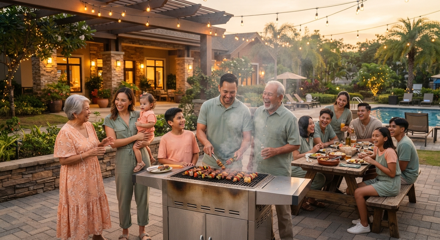 Multi-generational family gathered around a BBQ pit at a condo clubhouse in the evening
