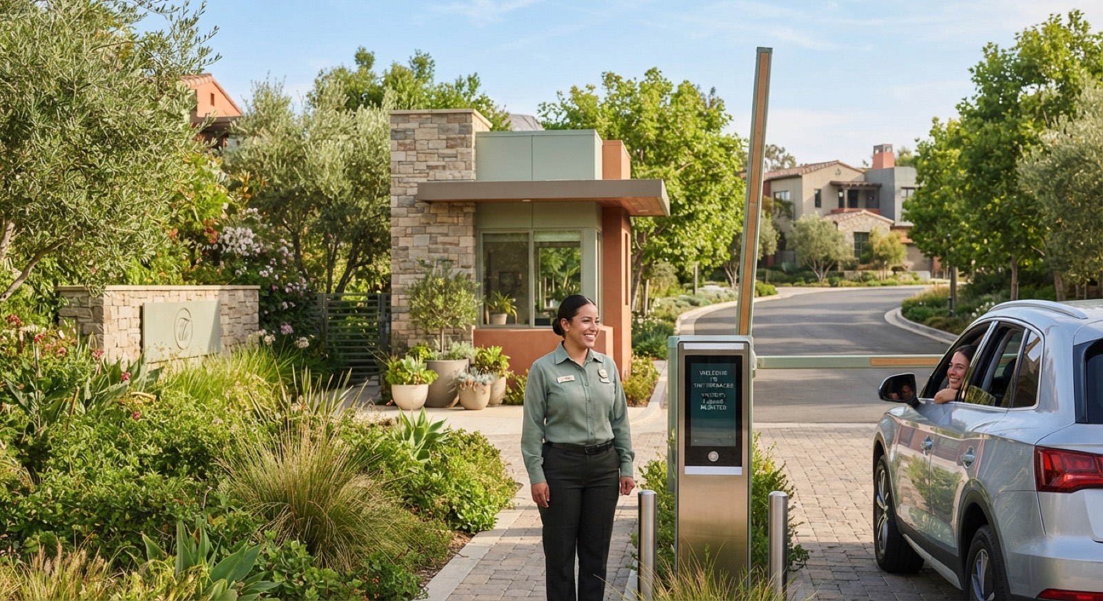 A smiling security guard at a friendly residential community guardhouse with a boom gate and visitor access panel on a sunny day