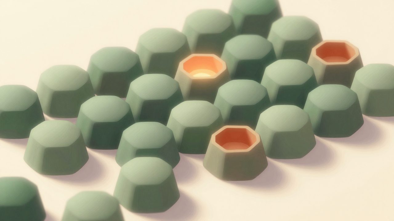 Soft illustration of rounded honeycomb cells with a few glowing warm, representing facility slots being taken