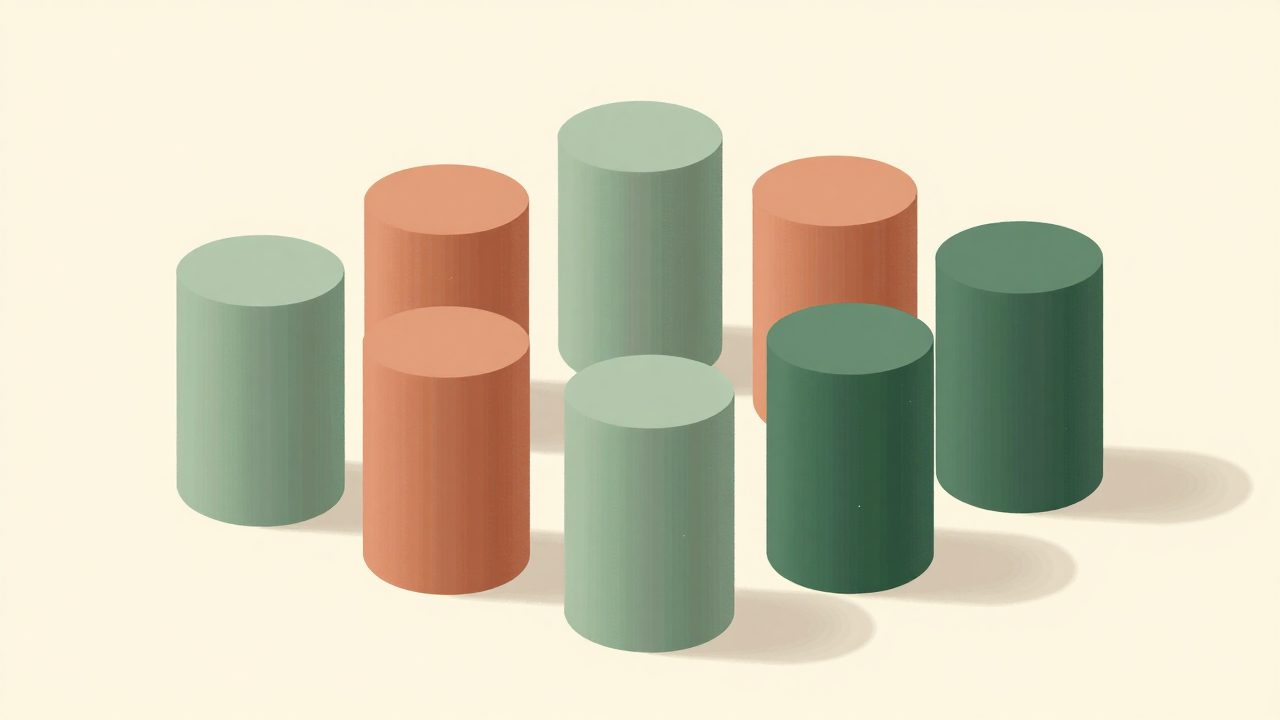 Soft illustration of seven rounded sage and terracotta blocks casting long gentle shadows, representing a week of community activity